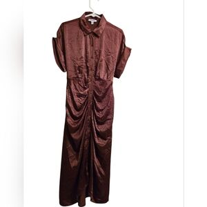Steve Madden Brown Satin Ruched Button-Front Midi Dress Size 8